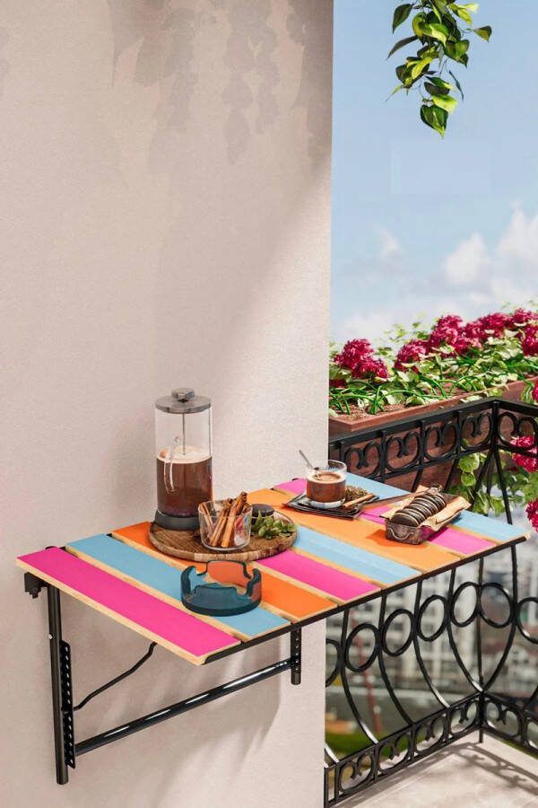 Bofigo Verstelbare Hoogte Klaptafel Balkon Tuin Tafel Keukentafel Opklapbare Wandtafel Picknick Kamp Tafel Decoratieve Stijlvolle Verstelbare Tafel 40x60 cm Natuurlijk hout Regenboog