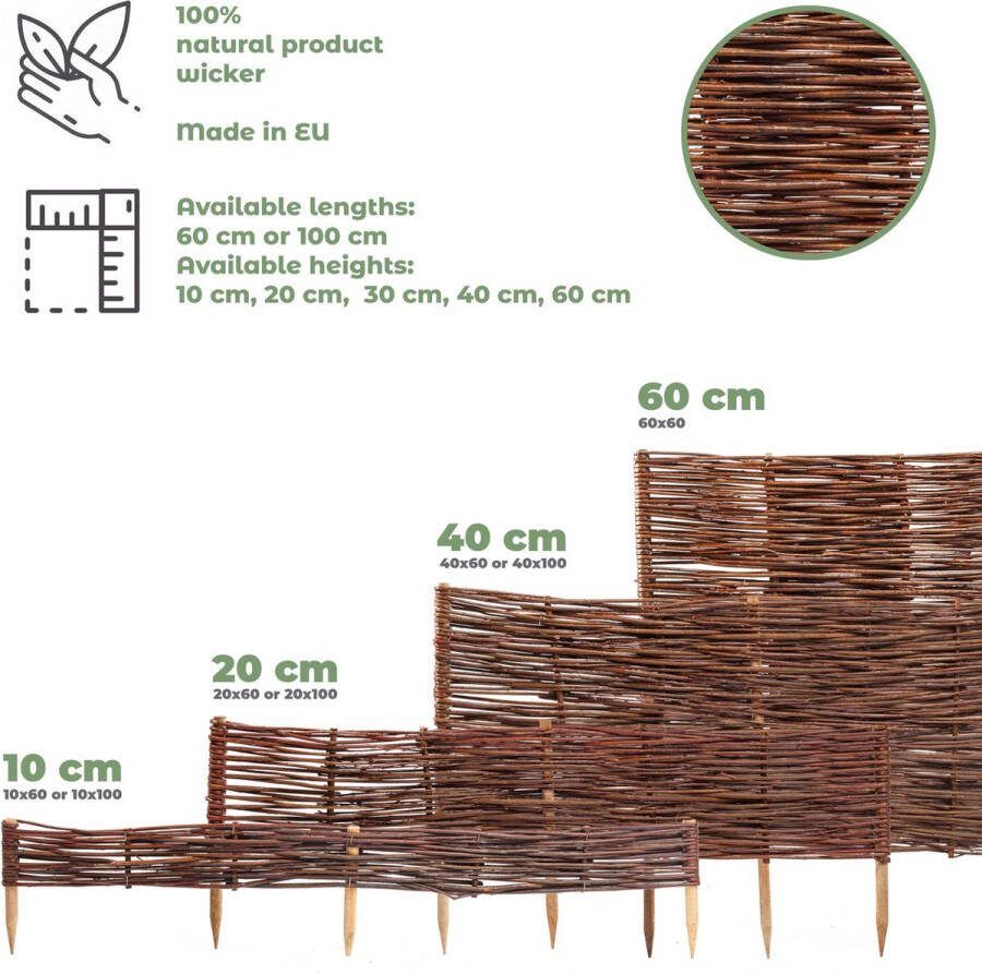 BOGATECO 10 x bedrand van wilgenhout 100 cm lang & 40 cm hoog Houten schutting gazonrand Wilgenhek insteekhekwerk