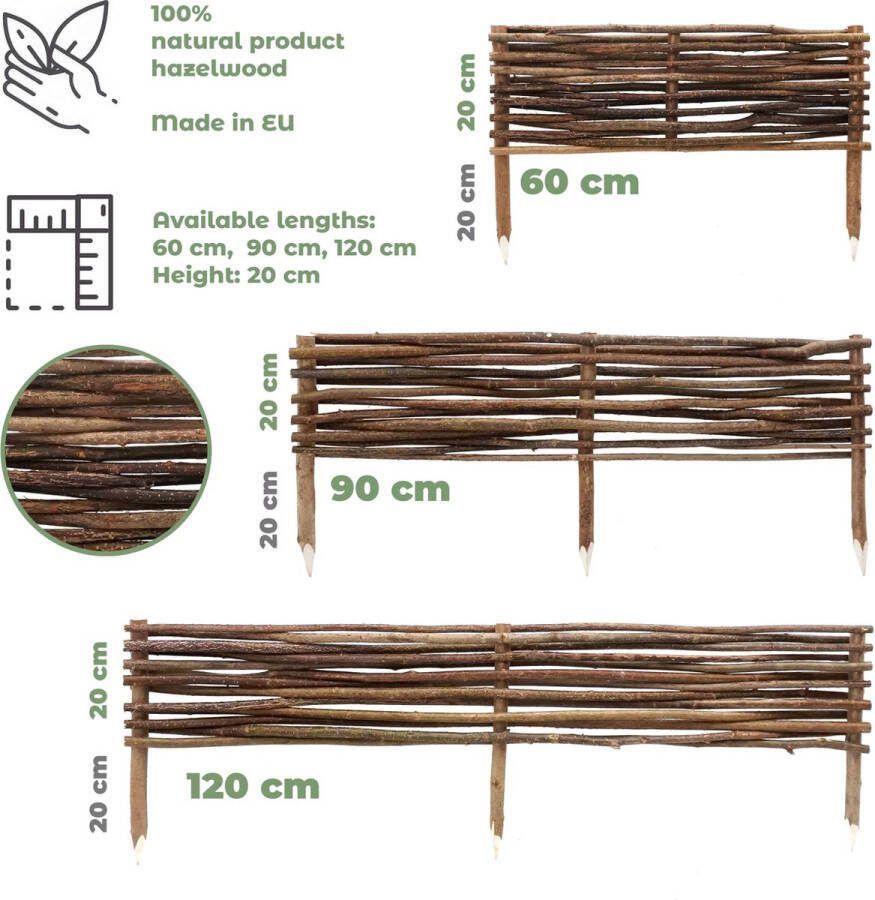 BOGATECO 3 x hazelnoot bedrand 20 cm hoog & 60 cm lang Houten hekwerk Ideaal als perkenrand