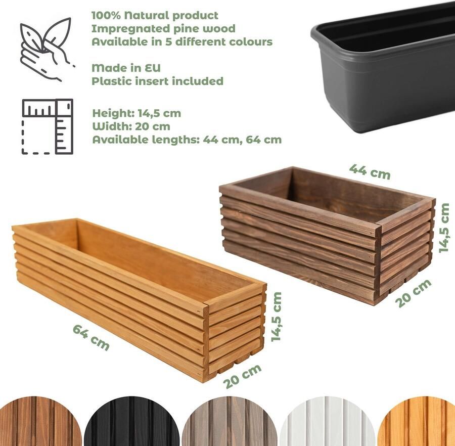 BOGATECO Houten bloembak Plantenbak Bloempot 44 x 25 x 25 cm Kruidenpot Bloempot met kunststof inzetstuk Waterdicht Wit
