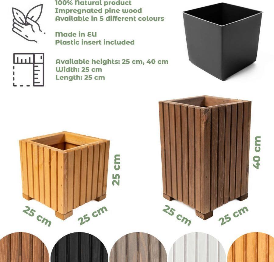 BOGATECO Houten bloembak Plantenbak Bloempot 25 x 25 x 25 cm Kruidenpot Bloempot met kunststof inzetstuk Waterdicht Wit