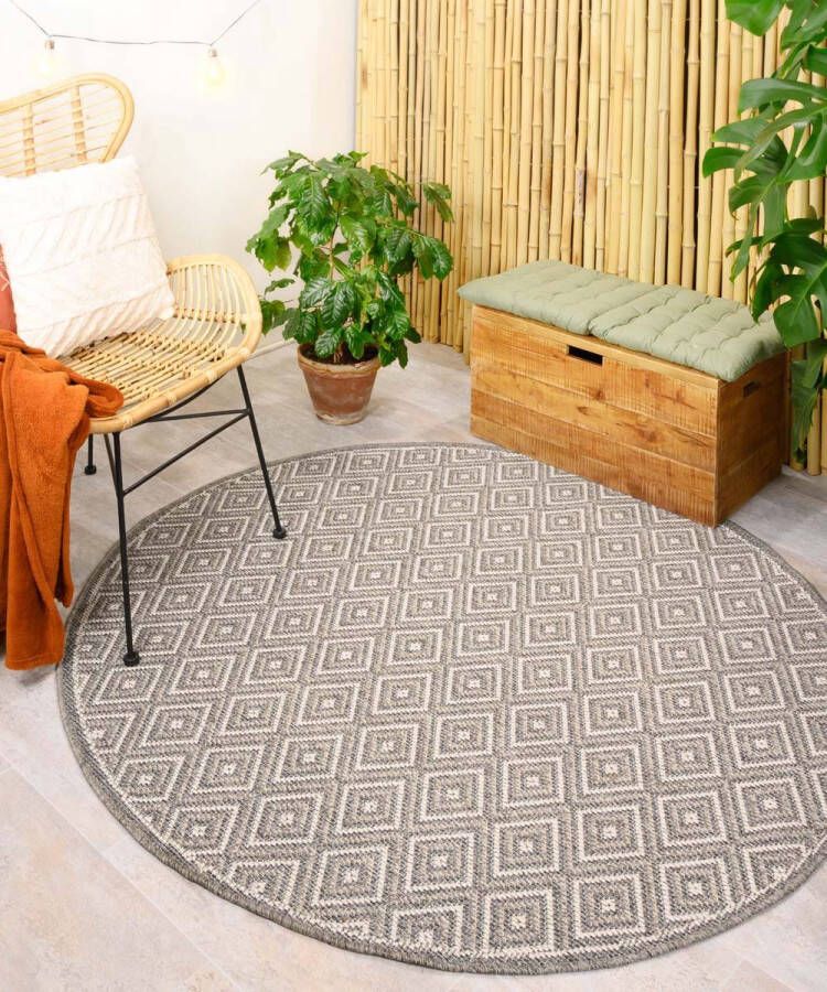 Boho&me Rond buitenkleed ruiten Sunny Gem grijs 100 cm rond