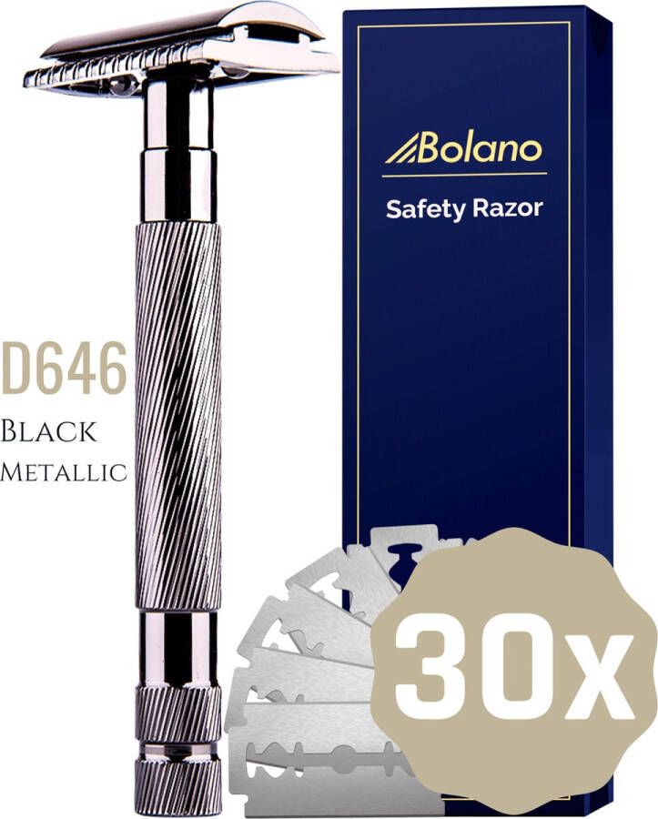 Bolano Safety Razor Zwart Metallic + 25 RVS Scheermesjes Double Edge Klassiek Scheermes voor Mannen en Vrouwen Duurzaam Scheren Zero Waste RVS Aluminium en zinklegering