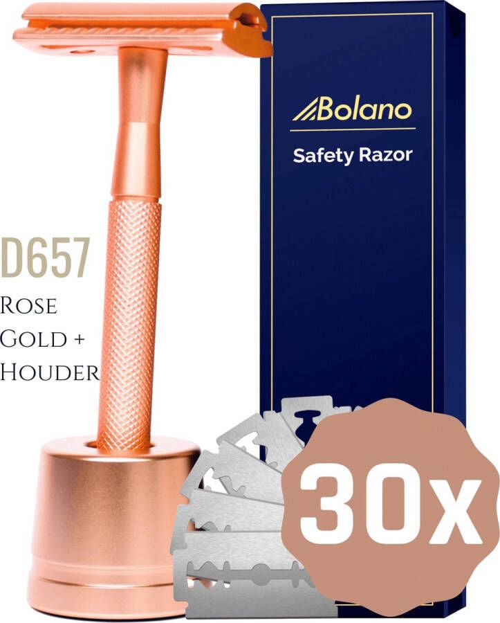 Bolano Safety Razor Rose Goud + Houder + 25 RVS Scheermesjes Double Edge Klassiek Scheermes voor Mannen en Vrouwen Duurzaam Scheren Zero Waste RVS Messing Dichte zijkant