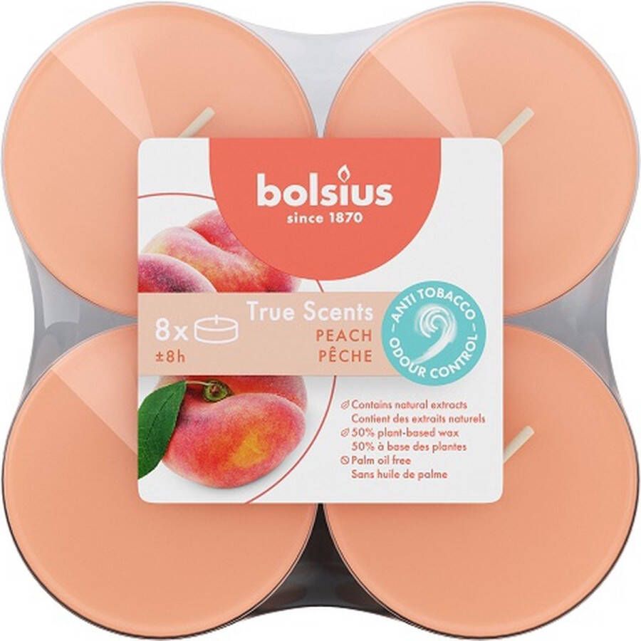 Bolsius 48 stuks perzik peach maxi geurtheelichtjes (8 uur) clear cups True Scents