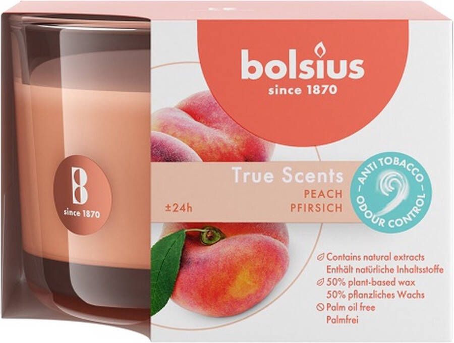 Bolsius 6 stuks geurglas perzik peach geurkaarsen 63 90 (24 uur) True Scents