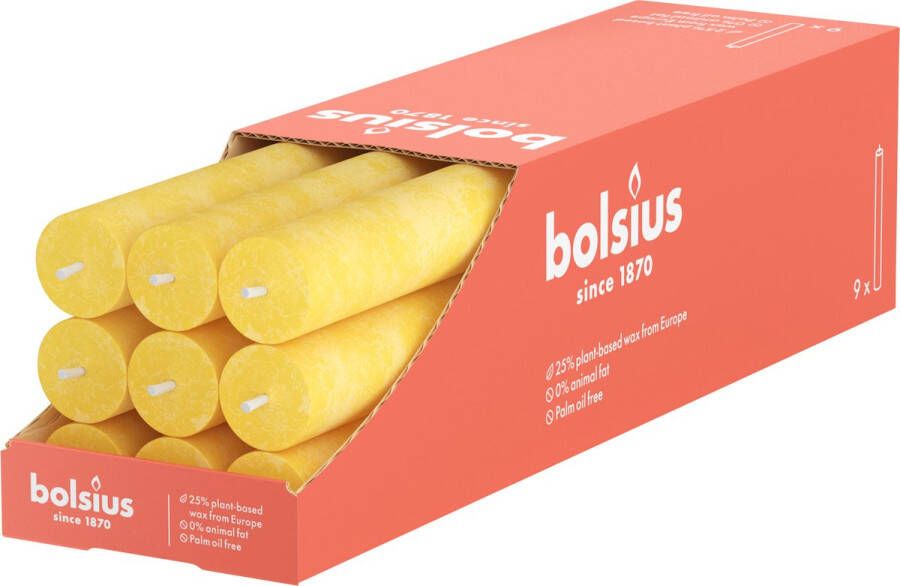 Bolsius -dinerkaarsen geel rustiek per 9 stuks