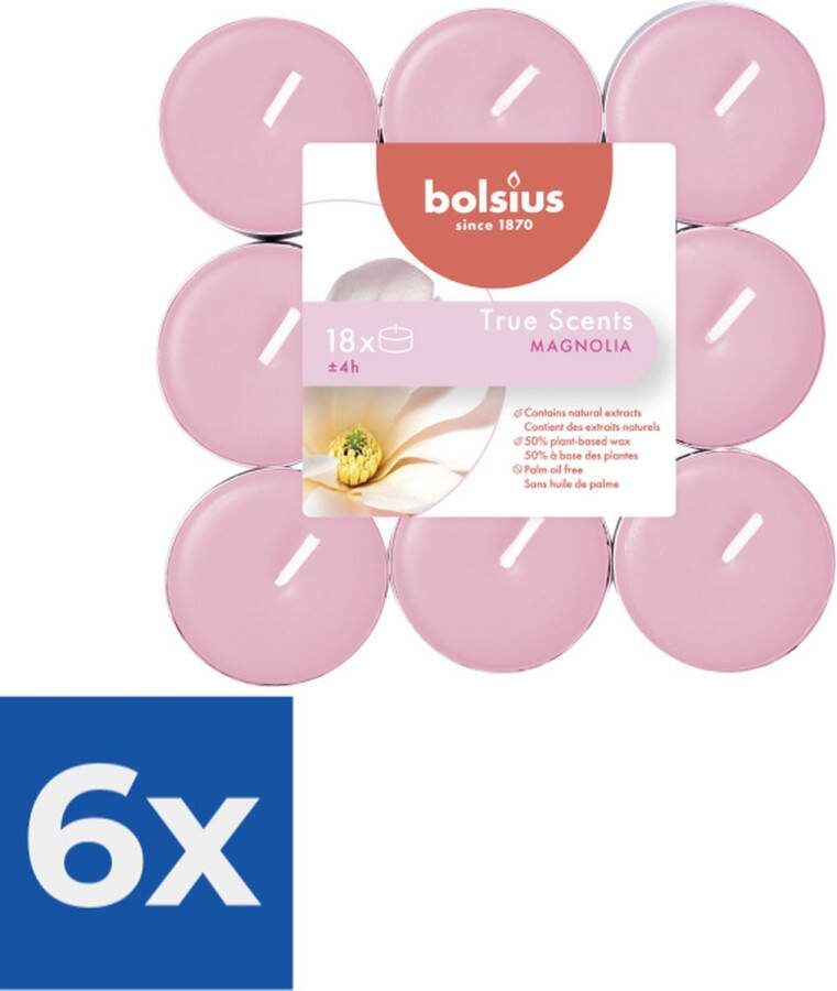 Bolsius Geurtheelichtjes 'True Scent' 18 stuks- 4 branduren per theelichtje- magnolia Voordeelverpakking 6 stuks