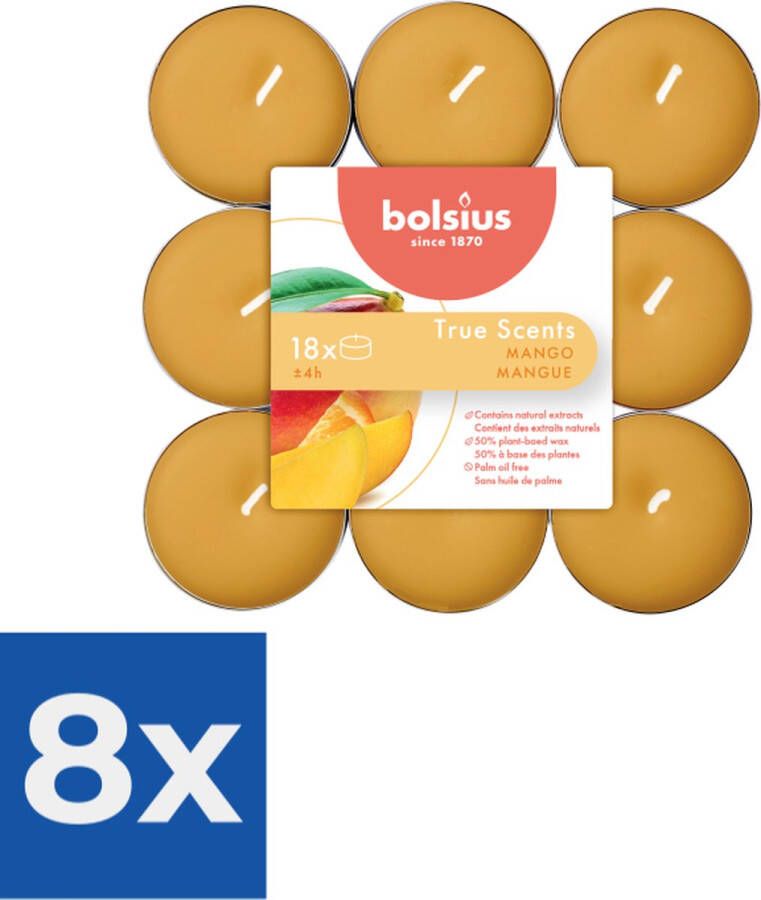 Bolsius Geurtheelichtjes 'True Scent' (18 stuks- 4 branduren per theelichtje- mango) Voordeelverpakking 8 stuks