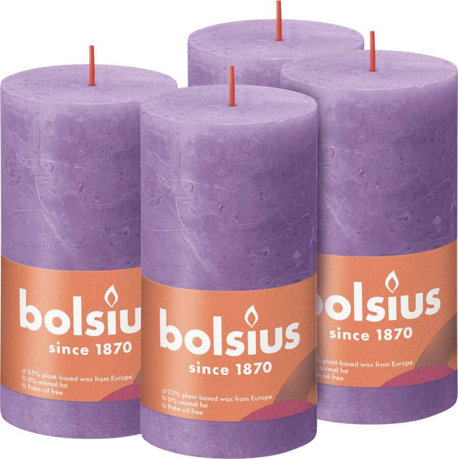Bolsius 4 stuks violet rustiek stompkaarsen 130 68(60 uur)Eco Shine Vibrant Violet