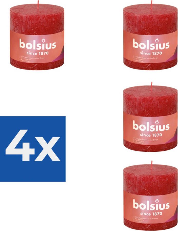 Bolsius Stompkaars Delicate Red Ø100 mm Hoogte 10 cm Rood 62 branduren Voordeelverpakking 4 stuks