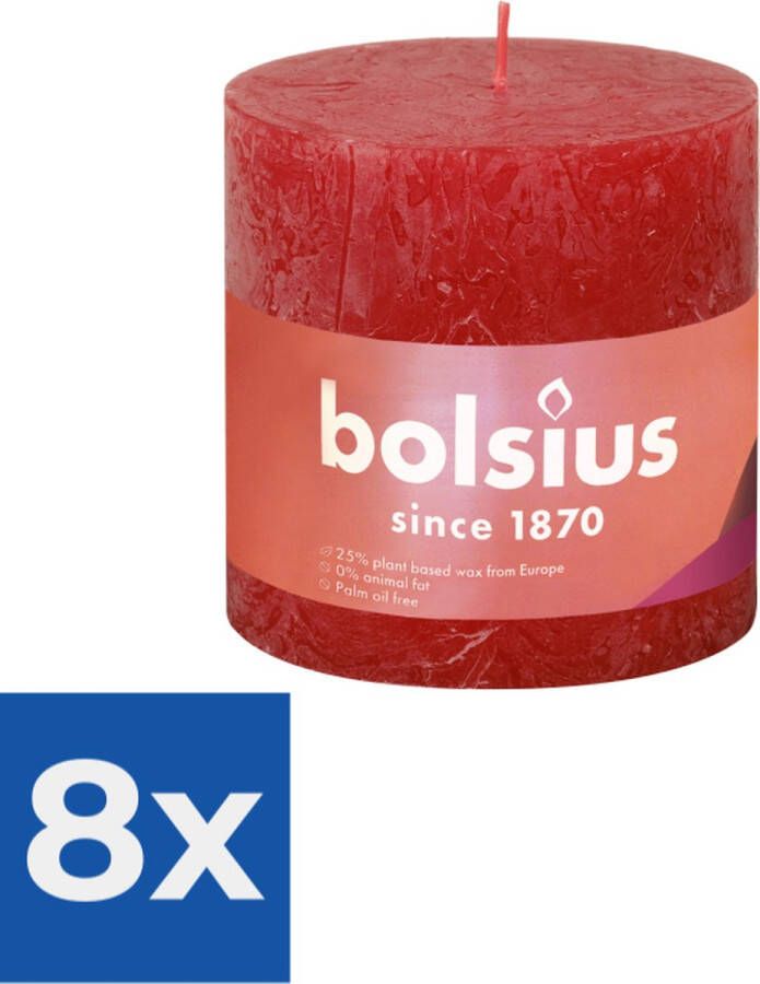 Bolsius Stompkaars Delicate Red Ø100 mm Hoogte 10 cm Rood 62 branduren Voordeelverpakking 8 stuks