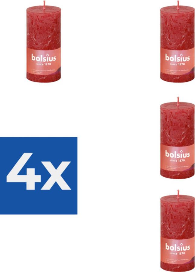 Bolsius Stompkaars Delicate Red Ø50 mm Hoogte 10 cm Rood 30 branduren Voordeelverpakking 4 stuks