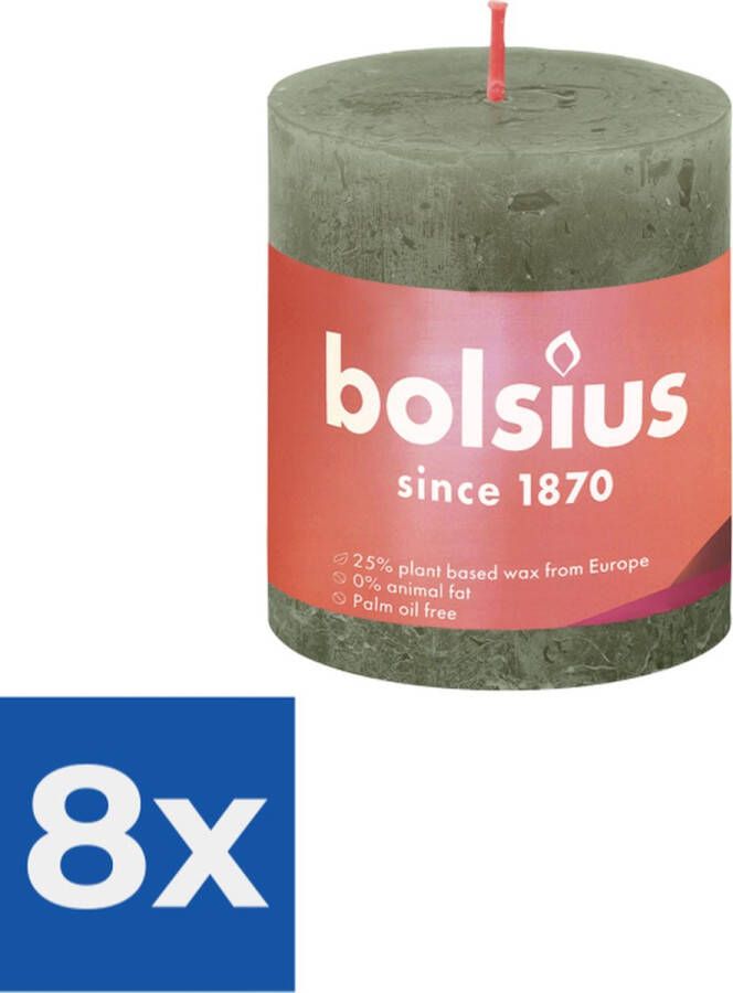 Bolsius Stompkaars Fresh Olive Ø68 mm Hoogte 8 cm Olijfgroen 35 branduren Voordeelverpakking 8 stuks