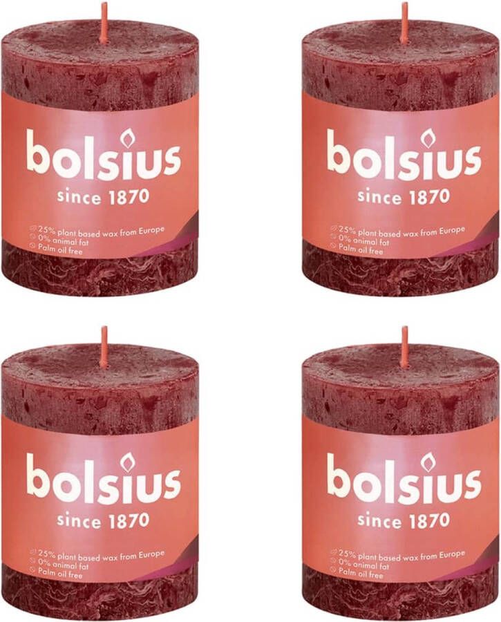Bolsius 4 stuks wijnrood rustiek stompkaarsen 80 68(35 uur)Eco Shine Velvet Red