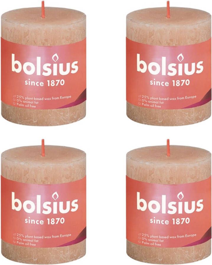 Bolsius 4 stuks poeder roze rustiek stompkaarsen 80 68(35 uur)Eco Shine Misty Pink
