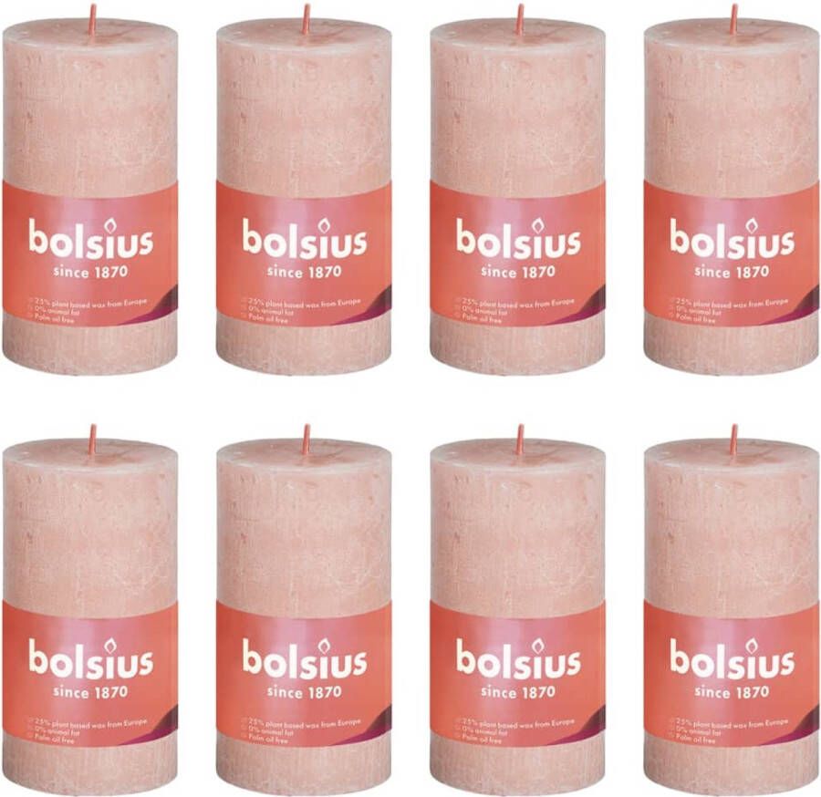 Bolsius 8 stuks poeder roze rustiek stompkaarsen 100 50(30 uur)Eco Shine Misty Pink