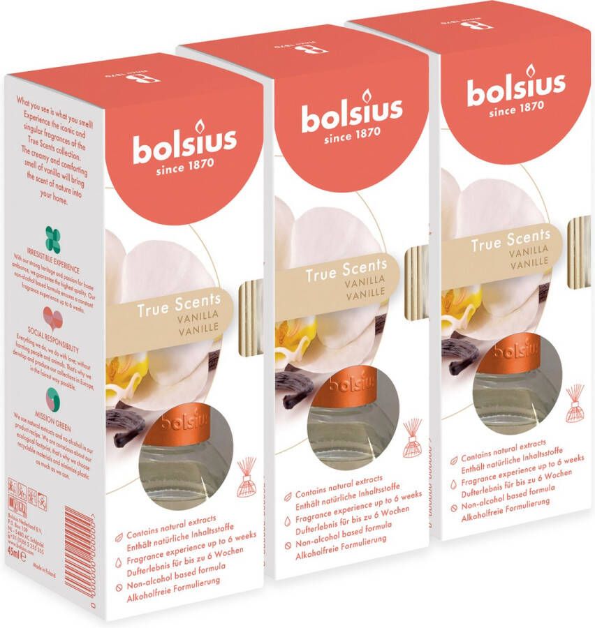 Bolsius True Scents Geurstokjes Vanille 3 stuks Voordeelverpakking 45ml