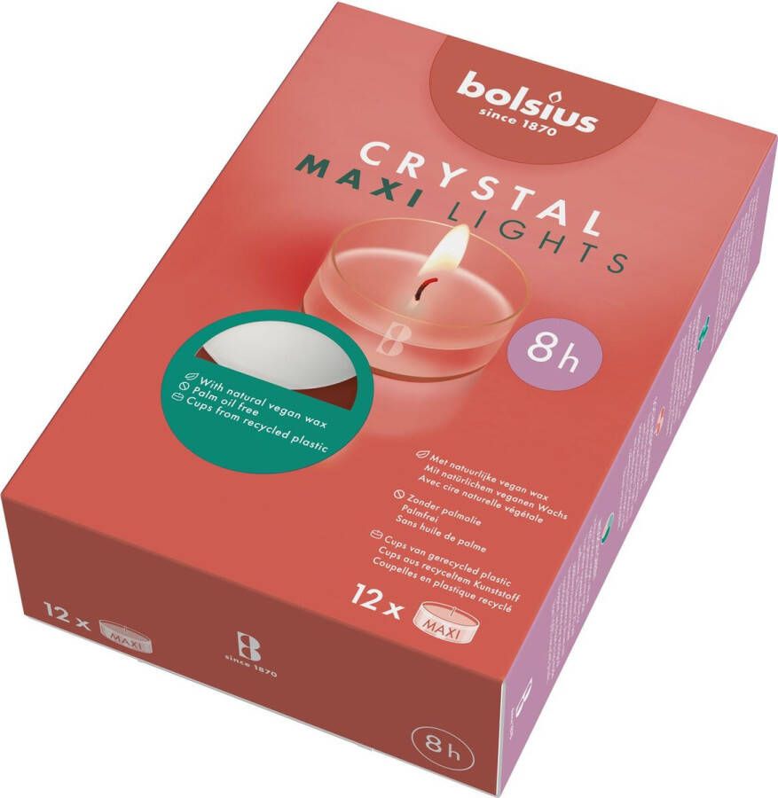 Bolsius 12 stuks witte (8 uur) maxi waxinelichtjes in transparante clear cups