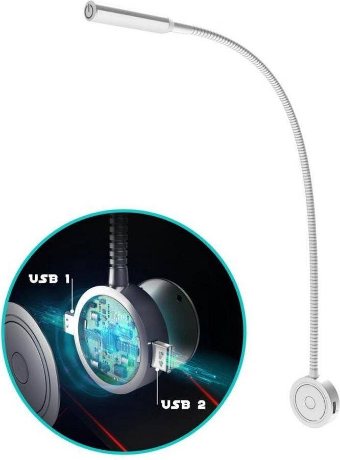 Bolt Electronics BLLIQ2011 Leeslamp 1 stuk – Bedlamp met 2 USB's Nachtlampje voor Volwassenen Wandlamp met Dimfunctie Kantelbaar 360 °C rotatie Duurzaam Verlichting Zilver
