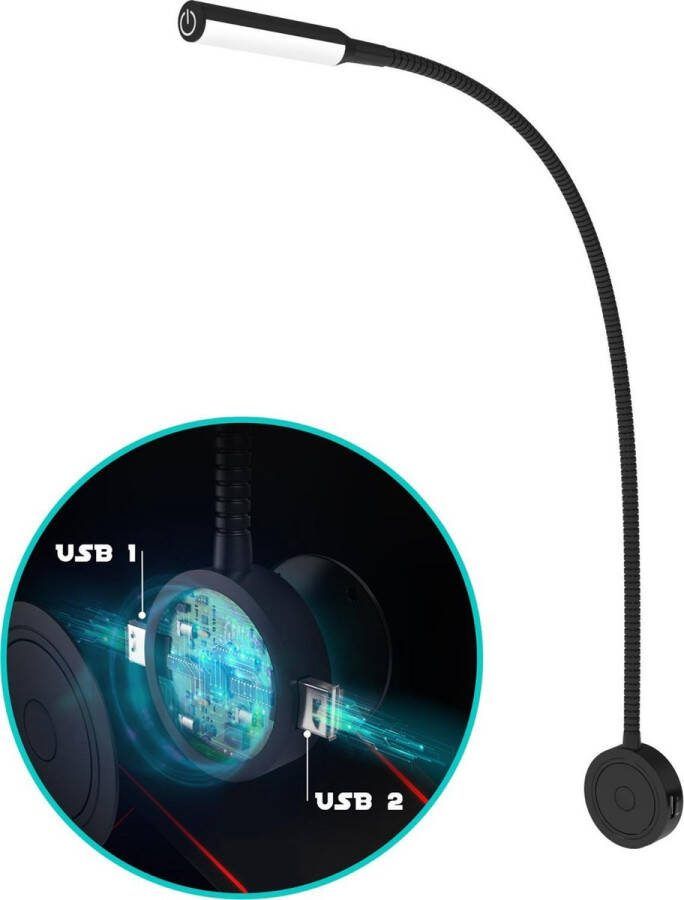 Bolt Electronics BLLIQ2011 Leeslamp 1 stuk – Bedlamp met 2 USB's Nachtlampje voor Volwassenen 59.50 CM Wandlamp met Dimfunctie Zwart 230 V