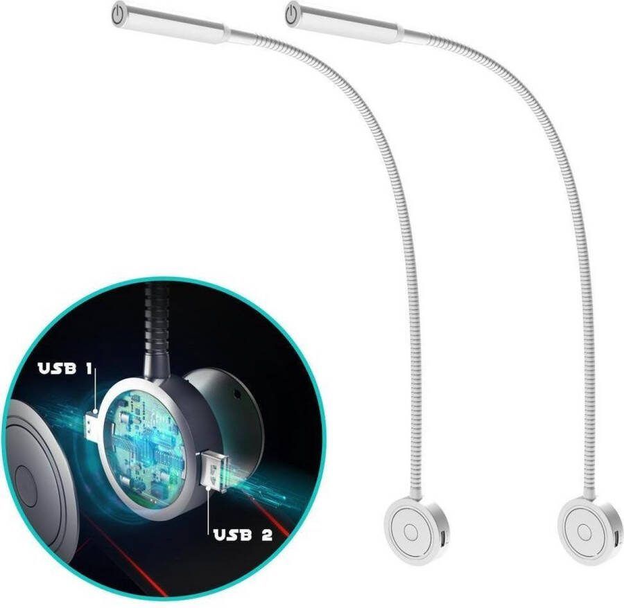 Bolt Electronics BLLIQ2011 Leeslamp 2 stuks – Bedlamp met 2 USB's Nachtlampje voor Volwassenen Wandlamp met Dimfunctie Zilver 59.5 CM 230 V