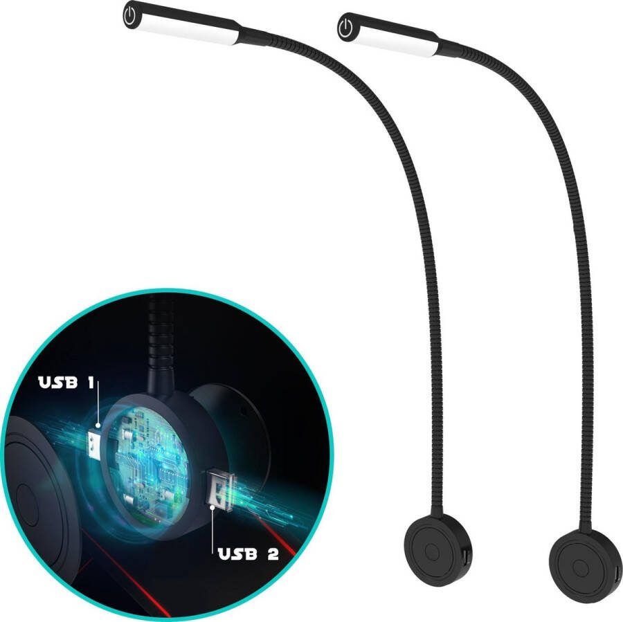 Bolt Electronics BLLIQ2011 Leeslamp 2 stuks – Bedlamp met 2 USB's Nachtlampje voor Volwassenen Wandlamp met Dimfunctie Zwart 59.5 CM 230 V