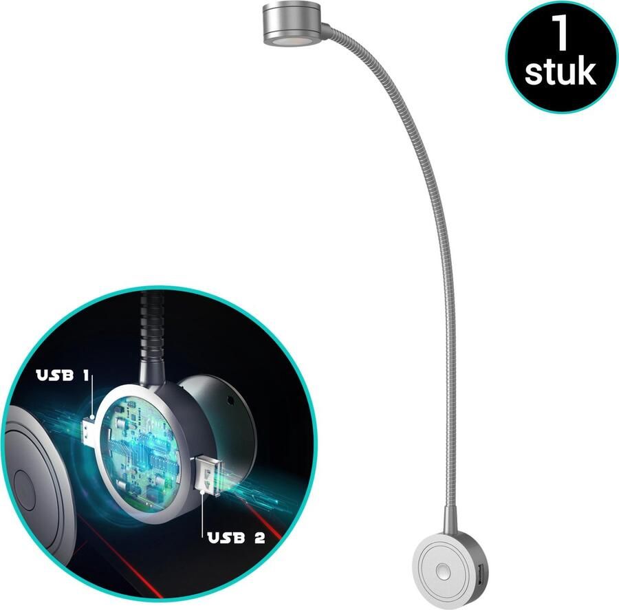 Bolt Electronics Leeslamp 1 stuk – Bedlamp met 2 USB's Nachtlampje voor Volwassenen Wandlamp met Dimfunctie zilver 220 V 53 CM