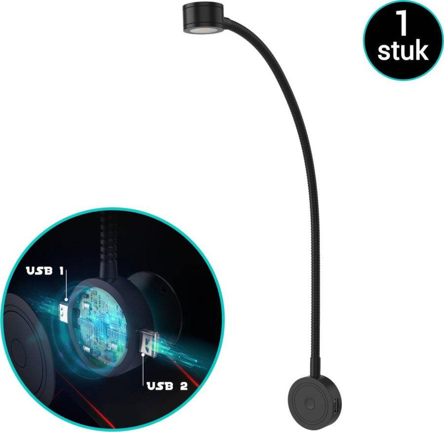Bolt Electronics Leeslamp 1 stuk – Bedlamp met 2 USB's Warm licht Nachtlampje voor Volwassenen Wandlamp met Dim-functie Modern ontwerp Gemakkelijk in gebruik Zwart