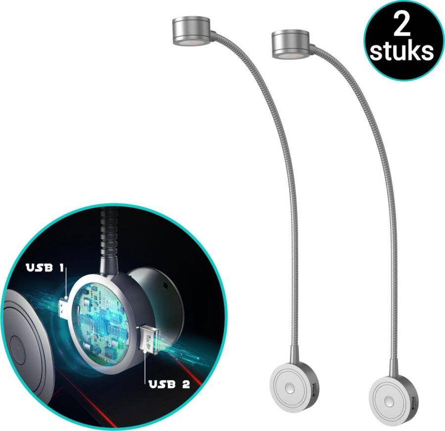 Bolt Electronics Leeslamp 2 stuks – Bedlamp met 2 USB's Warm licht Nachtlampje voor Volwassenen Wandlamp met Dim-functie Modern ontwerp Gemakkelijk in gebruik Zilver
