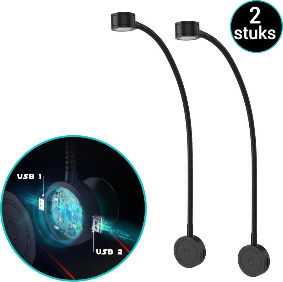 Bolt Electronics Leeslamp 2 stuks – Bedlamp met 2 USB's Warm licht Nachtlampje voor Volwassenen Wandlamp met Dim-functie Modern ontwerp Gemakkelijk in gebruik Zwart