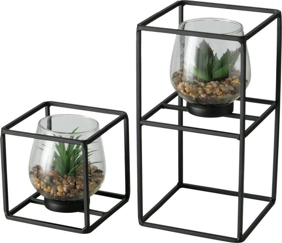 Boltze Home kunstplant in glazen pot en zwarte metalen standaard Sabia 2-delige set 11x11 13x24cm