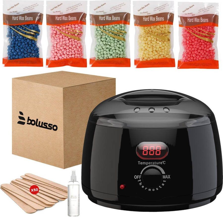 Bolusso Wax Apparaat Ontharing Set NIEUW model 5 Soorten Beans 500 Gram 50 Wax Staafjes Gratis Afterwax Wax Heater Ontharingsapparaat Wax Beans Verwarmer Ontharingsset Wax set