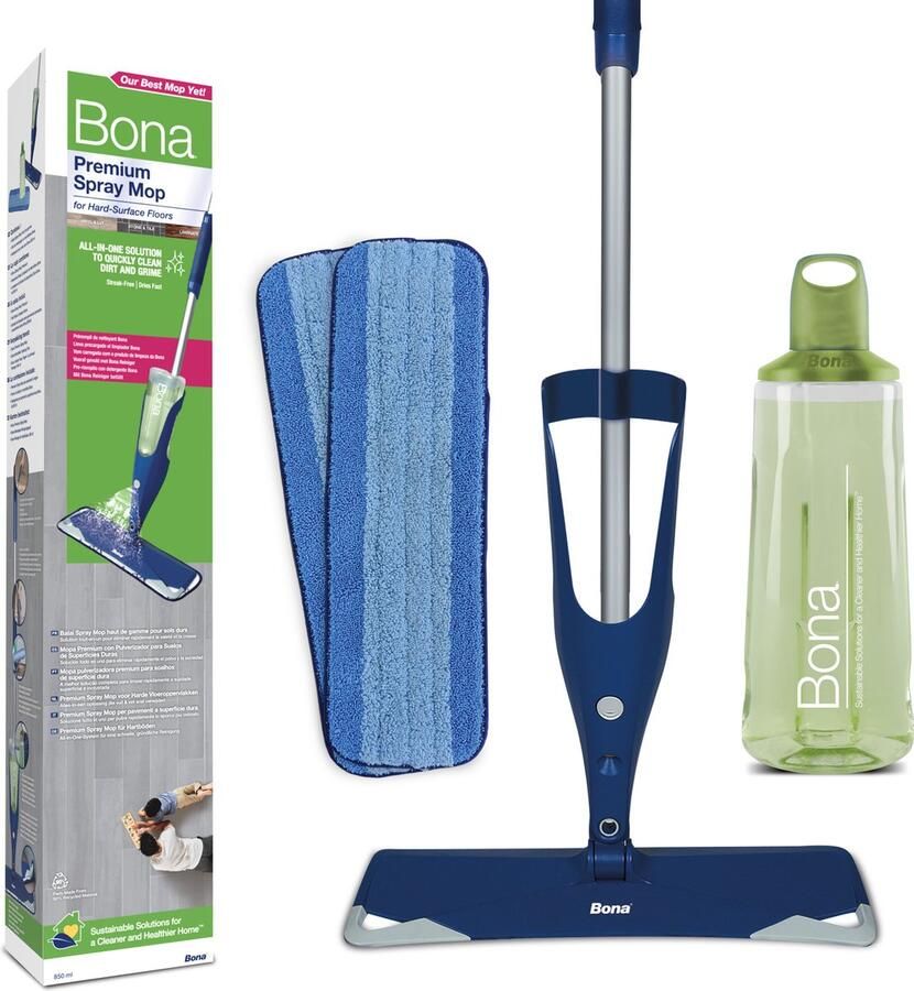 Bona Premium Spray Mop Alles-in-1 Dweilsysteem Vloerwisser met Spray Inclusief Harde Vloer Tegel Laminaat Reiniger & 2 Microvezel Reinigingspads Dweil Streeploos Sneldrogend