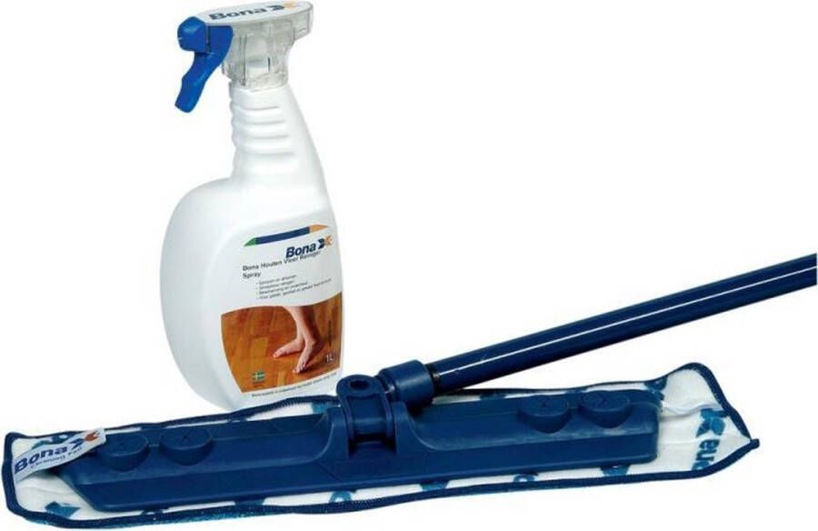 Bona Dweilset Mop met steel Uitwasbare reinigingsdoek van microvezel En 1 L Houtel vloer reiniger