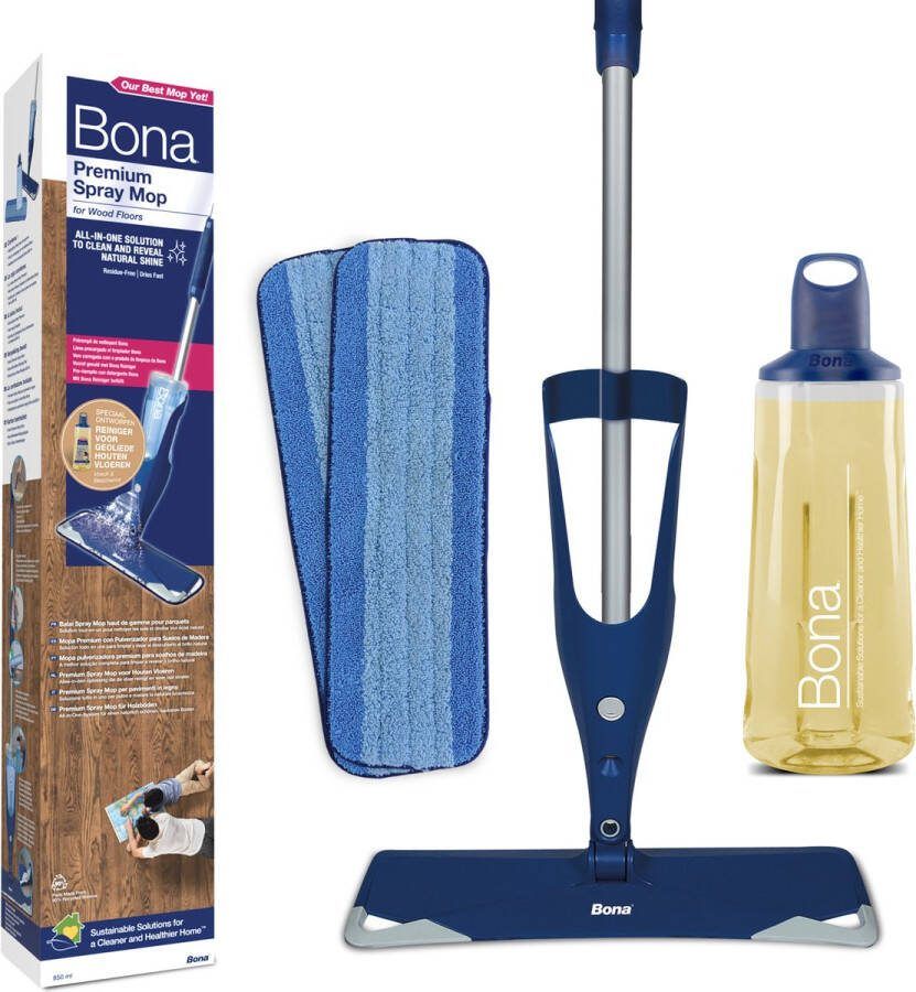 Bona Premium Spray Mop Alles-in-1 Dweilsysteem Vloerwisser met Spray Inclusief Geoliede Houten Vloer Reiniger & 2 Microvezel Reinigingspads Dweil Streeploos Sneldrogend