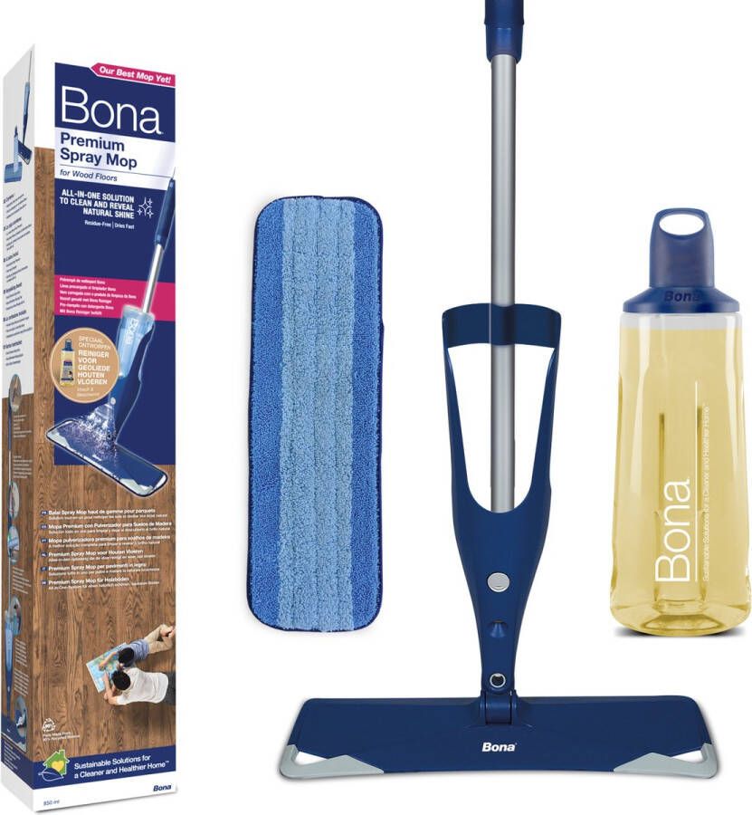 Bona Premium Spray Mop Alles-in-1 Dweilsysteem Vloerwisser met Spray Inclusief Geoliede Houten Vloer Reiniger & Microvezel Reinigingspad Dweil Streeploos Sneldrogend