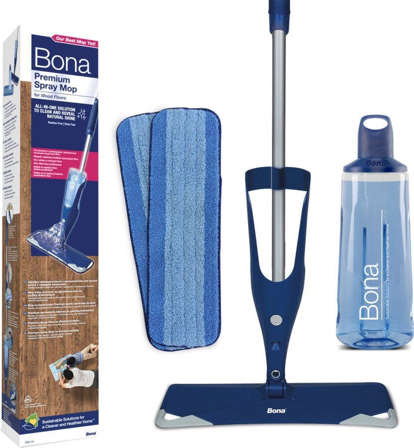 Bona Premium Spray Mop Alles-in-1 Dweilsysteem Vloerwisser met Spray Inclusief Houten Vloer Reiniger & 2 Microvezel Reinigingspads Dweil Streeploos Sneldrogend