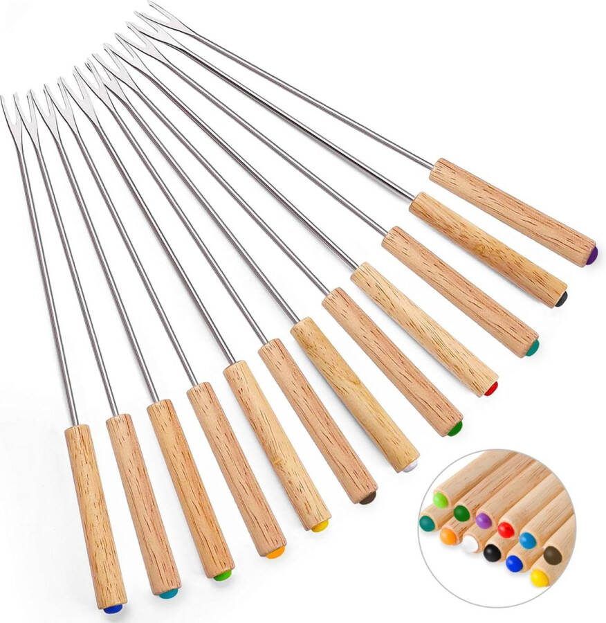 Bondoo Fonduevorken Set van 12 Houten Handgrepen met kleur 24 cm hittebestendig voor chocoladefontein kaasfondue gebraden marshmallows fruit fondue chocolade fonduevorken set fondue prikkers fonduevorkjes fondue accessoires Hout