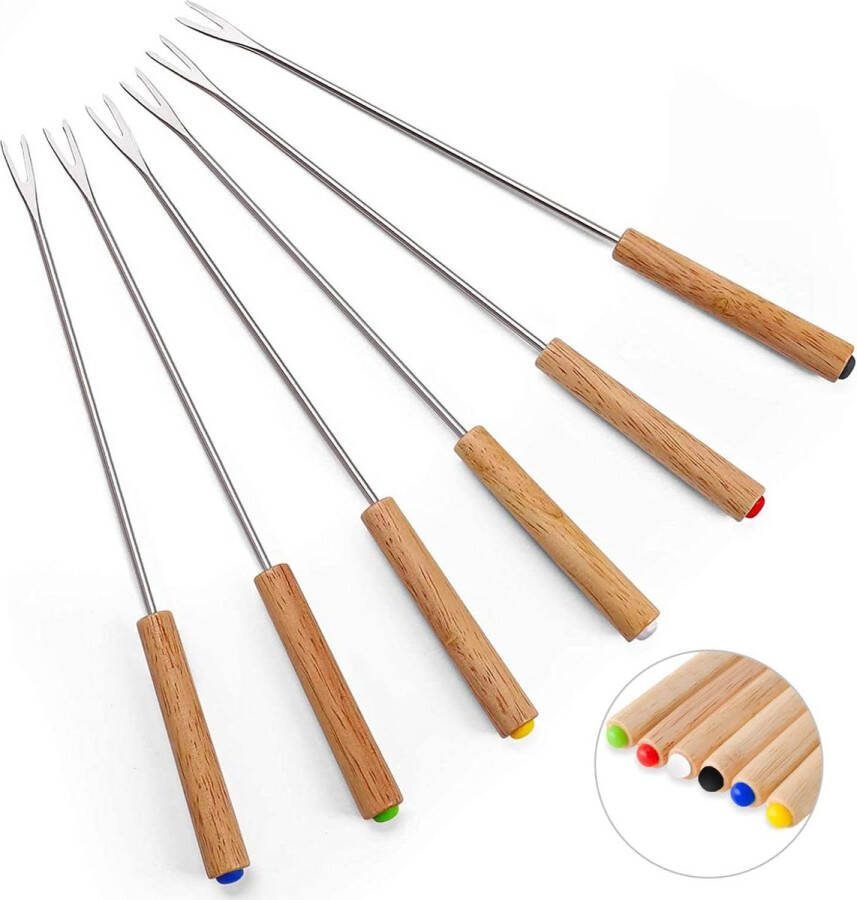 Bondoo Fonduevorken Set van 6 Houten Handgrepen met kleur 24 cm hittebestendig voor chocoladefontein kaasfondue gebraden marshmallows fruit fondue chocolade fonduevorken set fondue prikkers fonduevorkjes fondue accessoires Hout