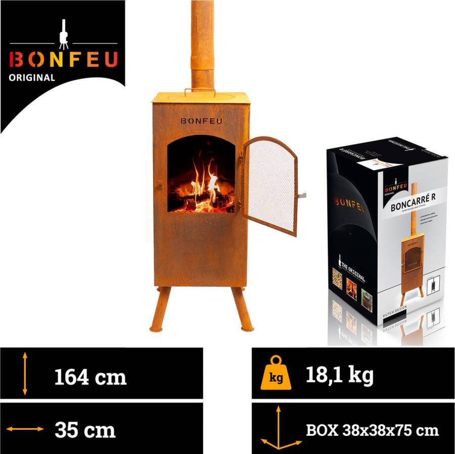 BonFeu BonCarré QLP Roest Tuinhaard L 35 x B 35 x H 153 cm Cortenstaal (Roest)bruin Tuinhaard Terrasverwarming Terrasverwarmers Tuinkachel Terraskachel Houtkachel Kachels