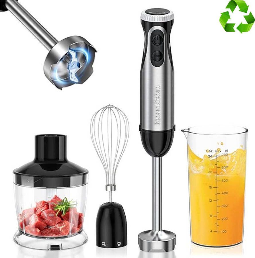 Bonsenkitchen Staafmixer Elektrisch – Set – 4 in 1 Inclusief Hakmolen Garde Blender 700 ml Maatbeker Pureerstaaf – 20 Traploze Snelheden – 1000W – Roestvrij Staal Zwart