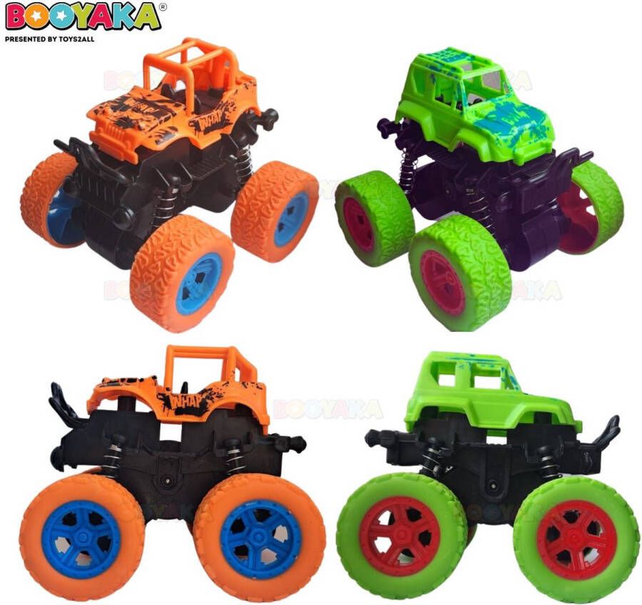 Booyaka 2x Big wheel stuntauto Groen & Oranje – Monstertruck – Monster truck Stunt auto s – Off road – Buiten speelgoed auto Speelgoed Jongens – Stoer – Racen Springende auto – Race auto 360º Flip