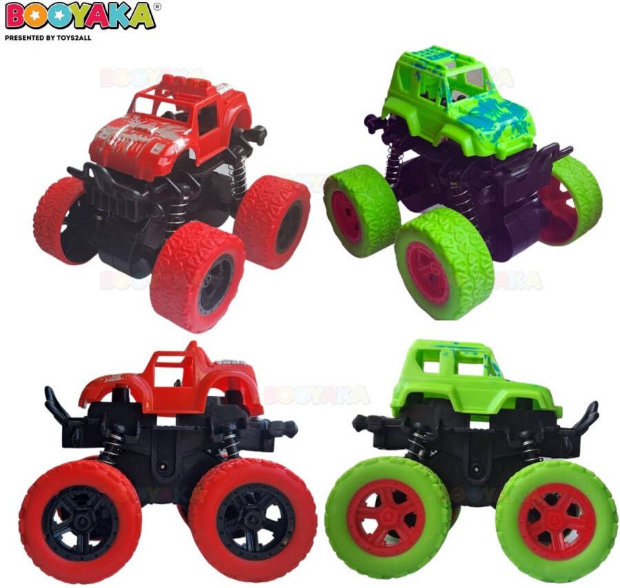 Booyaka 2x Big wheel stuntauto Groen & Rood – Monstertruck – Monster truck Stunt auto s – Off road – Buiten speelgoed auto Speelgoed Jongens – Stoer – Racen Springende auto – Race auto 360º Flip