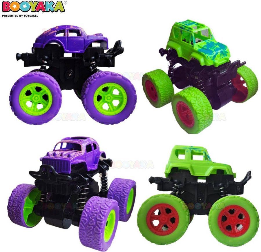 Booyaka 2x Big wheel stuntauto Paars & Groen – Monstertruck – Monster truck Stunt auto s – Off road – Buiten speelgoed auto Speelgoed Jongens – Stoer – Racen Springende auto – Race auto 360º Flip