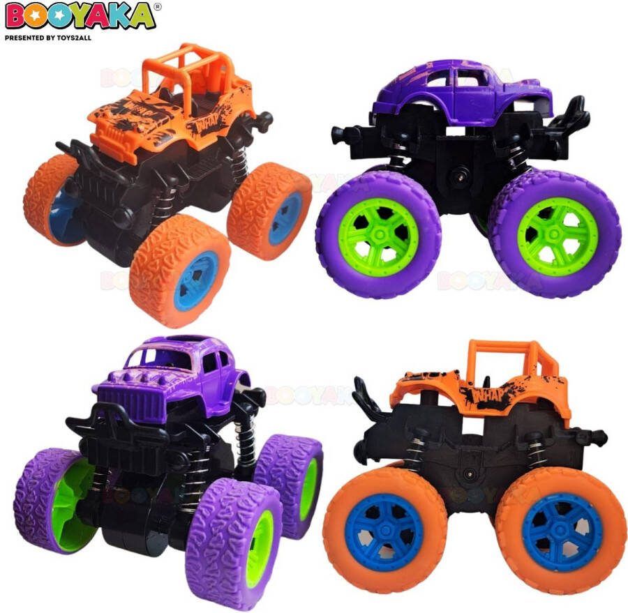 Booyaka 2x Big wheel stuntauto Paars & Oranje – Monstertruck – Monster truck Stunt auto s – Off road – Buiten speelgoed auto Speelgoed Jongens – Stoer – Racen Springende auto – Race auto 360º Flip