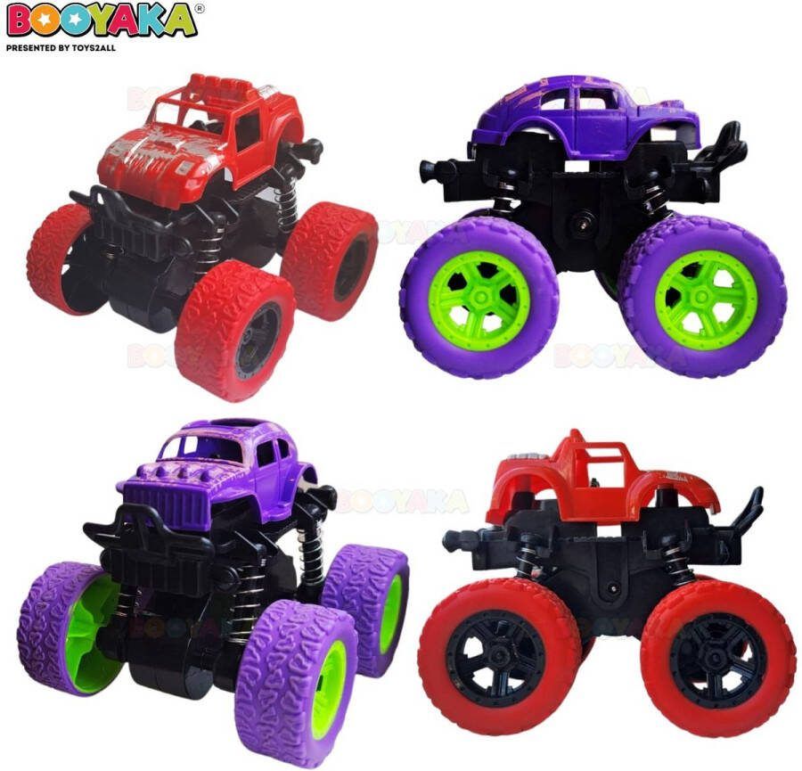 Booyaka 2x Big wheel stuntauto Paars & Rood – Monstertruck – Monster truck Stunt auto s – Off road – Buiten speelgoed auto Speelgoed Jongens – Stoer – Racen Springende auto – Race auto 360º Flip