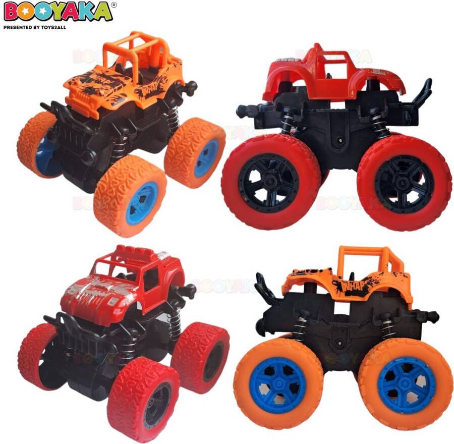 Booyaka 2x Big wheel stuntauto Rood & Oranje – Monstertruck – Monster truck Stunt auto s – Off road – Buiten speelgoed auto Speelgoed Jongens – Stoer – Racen Springende auto – Race auto 360º Flip