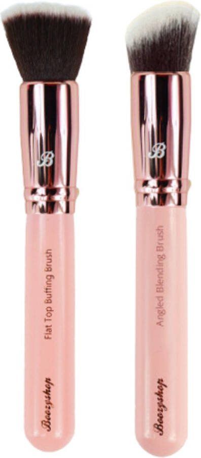 Boozyshop Make Up Kwasten Set Foundation Kwast & Blush Kwast Pink & Rose Gold Face Brush Duo Flat Top Buffing Foundation Brush Blending Brush Ook geschikt voor Contour en Blush 2-delig