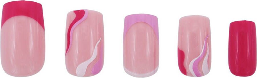Boozyshop Nepnagels Pink Patterns Plaknagels 24 Stuks Kunstnagels Press On Nails Manicure Roze & Rood Nail Art Plaknagels met Lijm French Nails